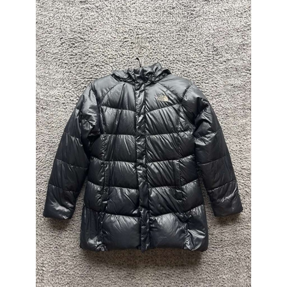 The North Face 550 Down Full Zip Hooded Puffer Jacket Black Girls Size L (14/16)